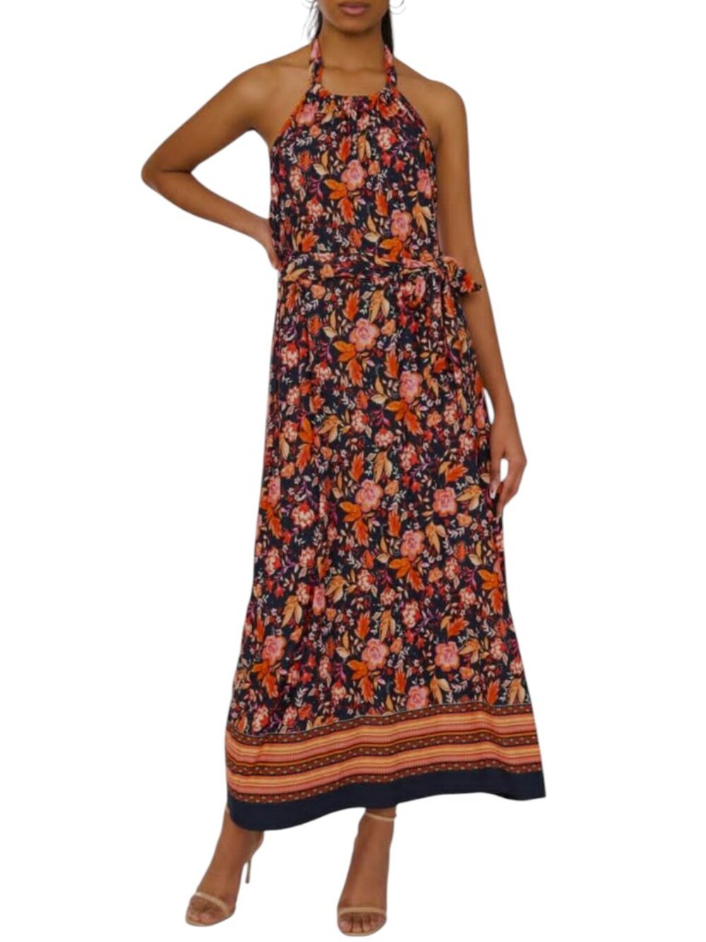 MSK Women's Halter Maxi Dress Medium Floral Elastic Back Tie Waist NWT